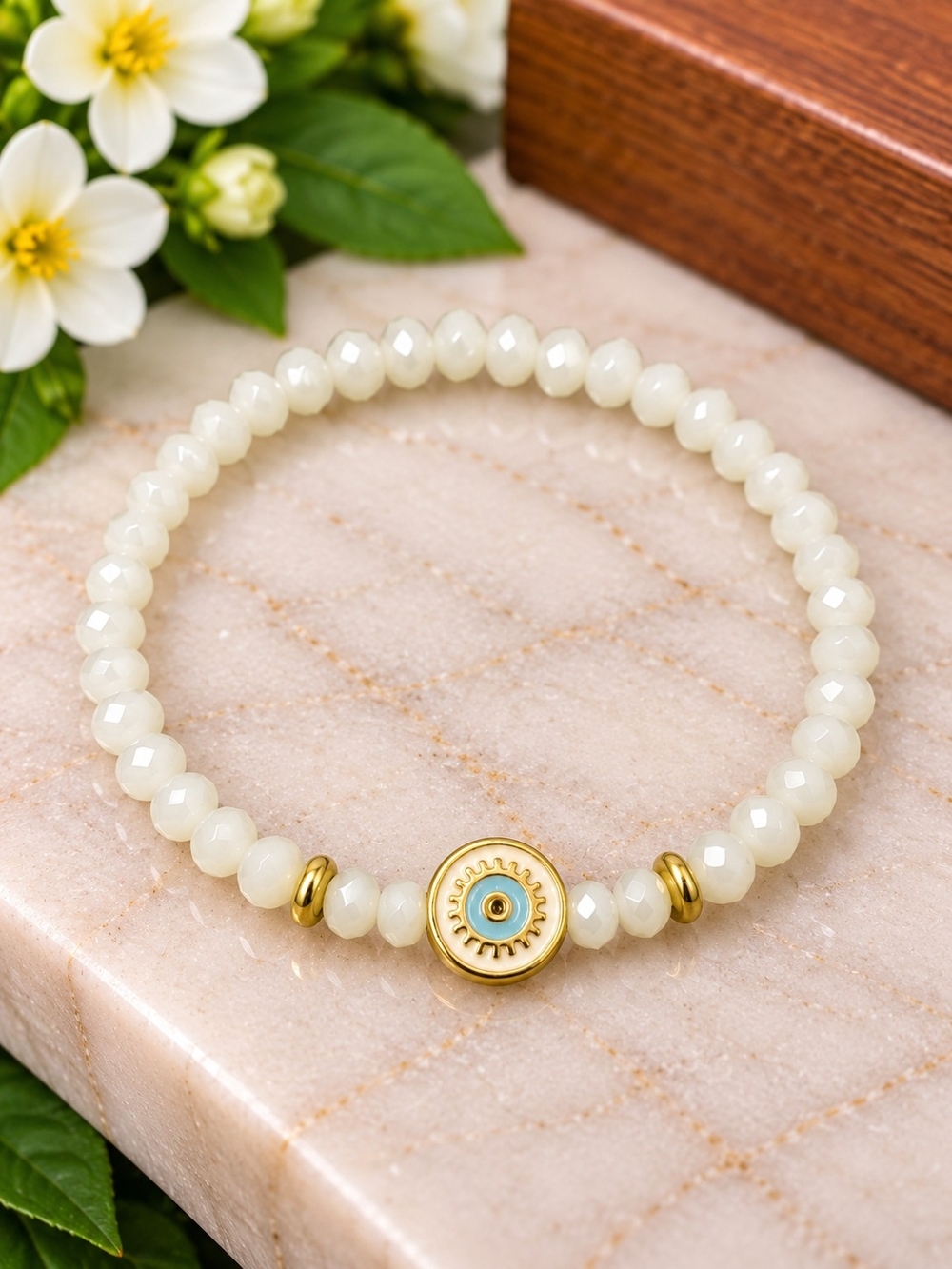 White Beaded Evil Eye Stretch Bracelet with Gold Accent
